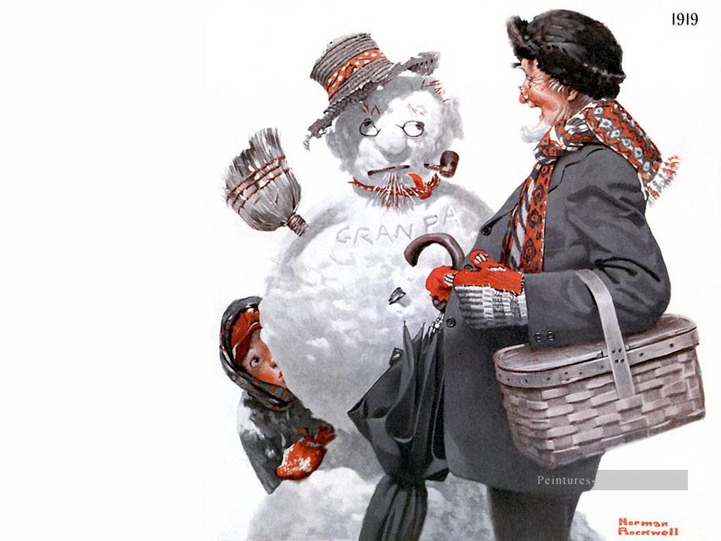 おじいちゃんと雪だるま ノーマン・ロックウェル油絵